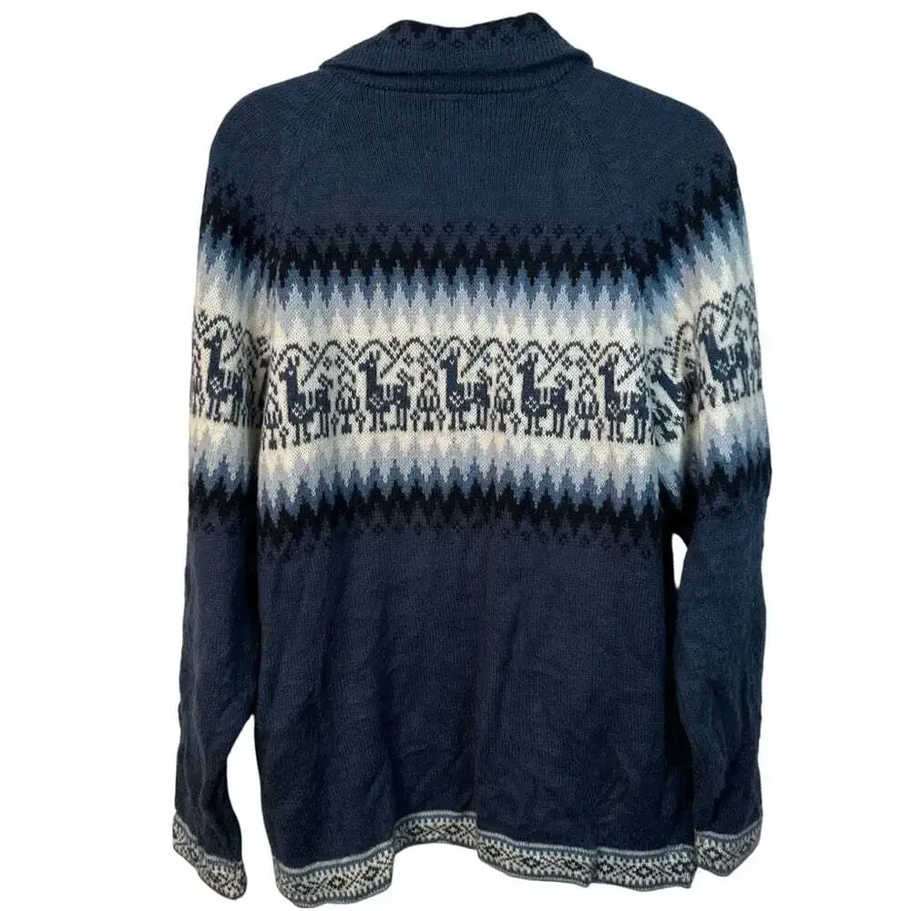 Alpaca Connection Peru Alpaca Cardigan Blue Fair Isle Cabincore Winter Large